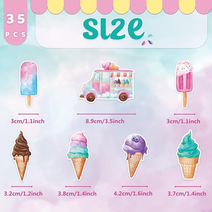 WERNNSAI 35 PCS Ice Cream Cupcake Toppers - Ice Cream Summer Birthday Party Cake Decorations for Kids Girls Ice Cream Cake Toppers Picks Sweet Cake Decors Summer Birthday Party Supplies