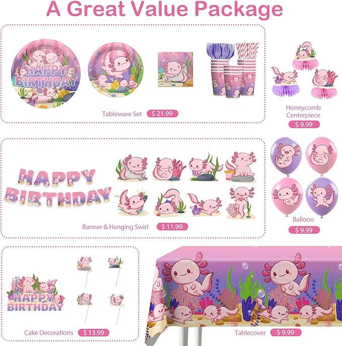 Axolotl Birthday Decorations Pink Axolotl Party Decorations Cake Cupcake Topper Balloons Banner Plates and Napkins Serve 50, Table Cloth Axolotl Party Supplies for Girls Cartoon Fun Animal Party