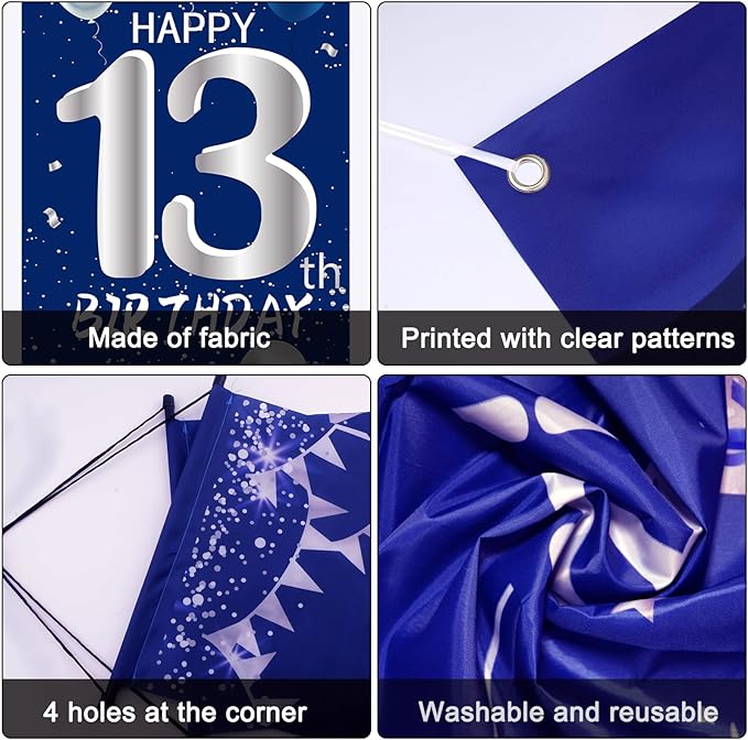 13th Birthday Decorations for Boys Girls, Navy Blue Happy 13th Birthday Door Banner Sign, 13 Years Old Party Supplies Teenagers Bday Backdrop Balloons Hanging Decors