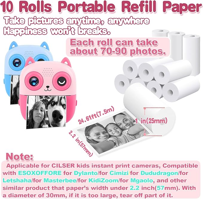 Mini Thermal Printer Sticker Paper,2.2x0.98in(57X25mm), Compatible with iDPRT, CILSER Thermal Printer Paper for Mini Printer/Kids Camera Width Under 57mm, HD,Inkless,Waterproof(Sticky 10 Rolls)
