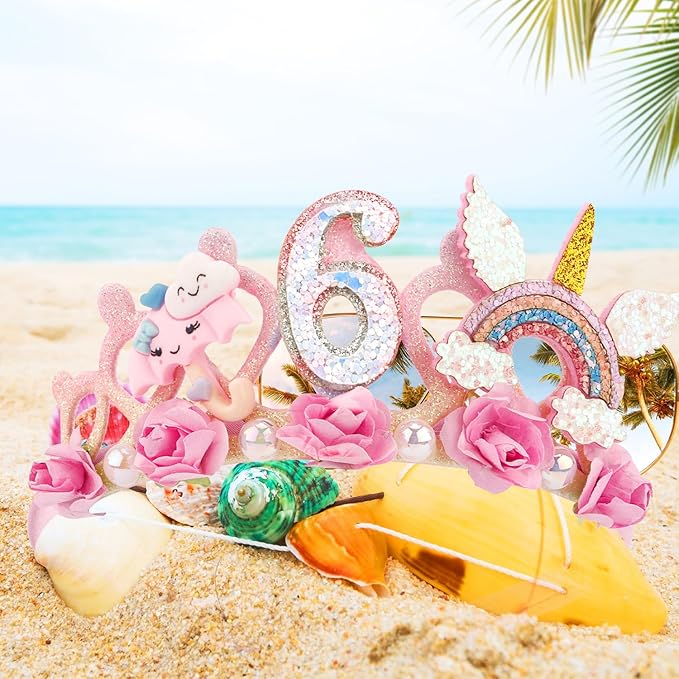 SuPoo 6th Birthday Headband Flower Crown for Girls Princess Tiara Decorations Hair Band Cute 6 Year Old Party Accessory
