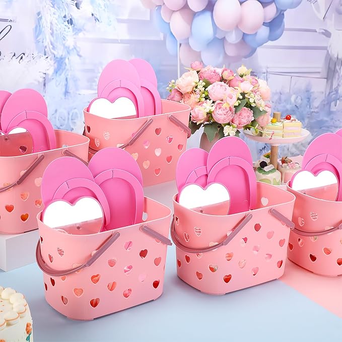 Pickmesh 8 Sets Spa Party Supplies Sleepover party with Pink Basket Heart Mirror Headband Satin Hair Scrunchies Hair Brush Loofah Disposable Slipper for Birthday Gift