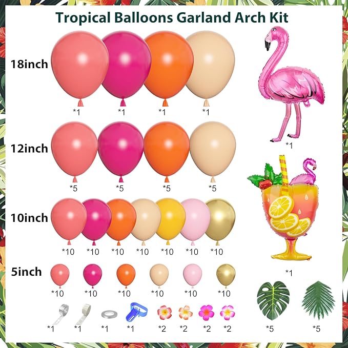 Ouddy Life 178Pcs Tropical Balloons Arch Garland Kit, Luau Tropical Party Decorations with Aloha Pineapple Coconut Hot Pink Aqua Blue Balloons & Palm Leaves for Hawaiian Summer Birthday Supplies