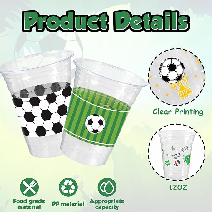 50Pcs Soccer Party Decorations Cups, 12 OZ Disposable Plastic Drinking Cups for Sports Themed Tailgate Events Game Day Football Soccer Birthday Christmas Party Decor Supplies Favors
