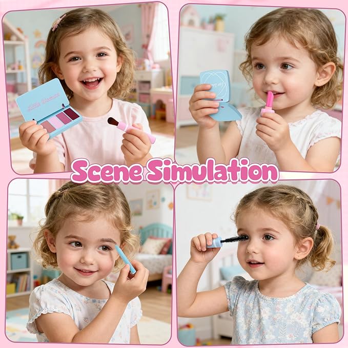Atoylink Wooden Makeup Vanity Set for Girls, Unicorn Pretend Play Kids Table Toys with Mirror, Drawer, Hair Salon Set & Makeup Accessories, Gift About Princess Dress Up for Toddlers Aged 3, 4, 5-8