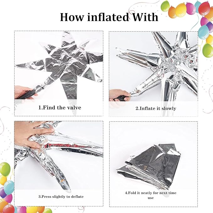 6 Pcs Silver Star Foil Balloons One-Piece 14-Pointed Star Balloon 4D Starburst Cone Mylar Balloon 22inch Christmas Birthday Wedding Wedding Anniversary Party Supplies (Silver + Red)