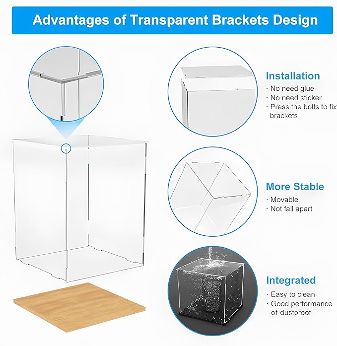Thickened Clear Acrylic Display Case Box with Wood Base Transparent Protection Showcase Organizer Self-Assembly Dustproof for Collectibles Toys, 4x4x14in(Length x Width x Height)
