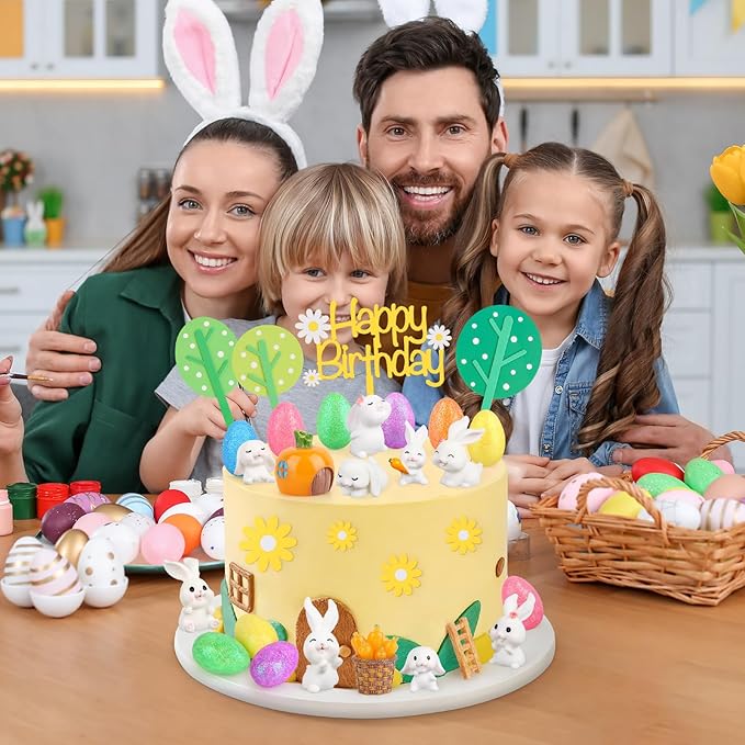 Hooqict 29Pcs Easter Cake Decorations Set with Mini Rabbits, Easter Eggs, Carrots, Happy Birthday Bunny Cake Topper & Cupcake Topper for Kids Bunny Birthday Decorations Rabbit Themed Party Supplies