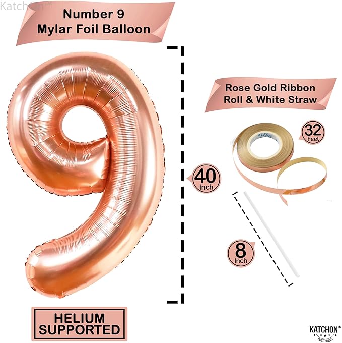 KatchOn, Rose Gold Number 9 Balloon - 40 Inch | Foil 9 Birthday Balloon for 9th Birthday Decorations | 9th Anniversary Decoration | Rose Gold Party Decoration