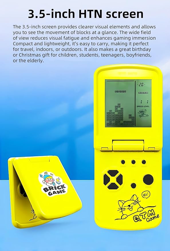 JXD 3.5-Inch Screen Block Game Console with Unique Flip Design Built-in 26 Retro Games Multiple Modes Adjustable Difficulty/Speed Children's Educational Game Toys Christmas (Yellow)