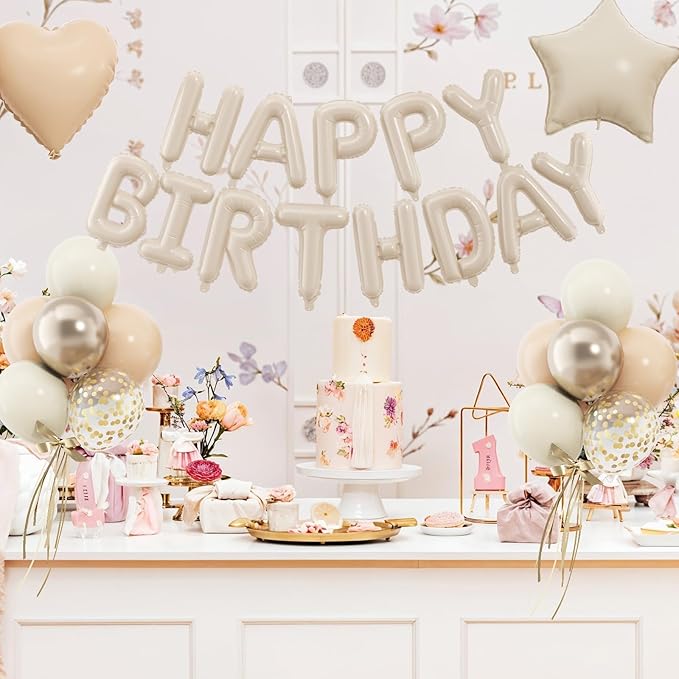 29 PC Cream Happy Birthday Balloon Banner, 16 Inch 3D Aluminum Letter Banner Sign, Apricot Champagne Gold Ivory White Balloon 18 Inch Star Heart Foil Balloons for Kids, Women, Men Party Supply
