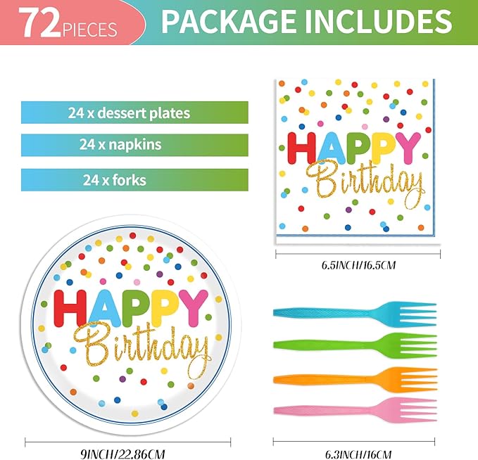 72Pcs Happy Birthday Plates and Napkins, Pink Polka Dot Themed Paper Plates Napkins Disposable Tableware Set for Birthday Party Decorations Supplies
