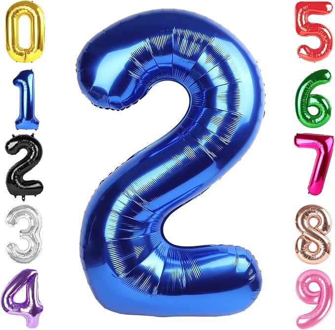 40 Inch Metallic Blue Number 2 Balloon, Giant 2 Number Balloons for 2nd Birthday Decorations, Party Supplies for Baby Boy Girl, Metallic Blue Party Decor