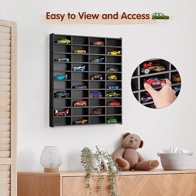 Toy Car Display Shelf, Holds 40 Diecast 1/64 Toy Cars, Wall Mount Model Car Storage Organize Case, Black