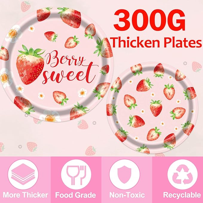 Strawberry Plates and Napkins Tableware Set - 350 Pcs Strawberry Baby Shower Party Birthday Supplies, Strawberry Shortcake Birthday Decorations for Berry Sweet Baby Shower (50 Guest)