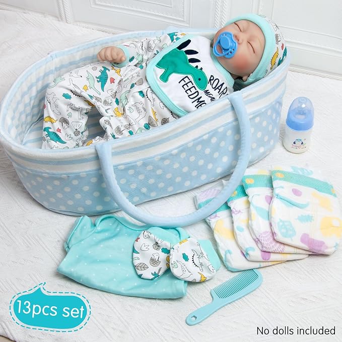 Reborn Baby Dolls Clothes Boy Blue Dinosaur Theme Accessories 13 Pcs Outfit Set for 17-22 Inch Newborn Baby Doll Boy with Blue Dot Bassinet