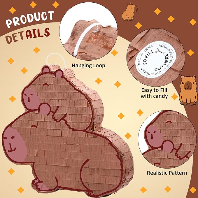 Capybara Piñata for Kids Birthday Party 15.4 x 14.7 Inches Mommy with Baby Animal Family Piñata with Bat Blindfold and Confetti for Baby Shower Photo Props Holiday Decoration