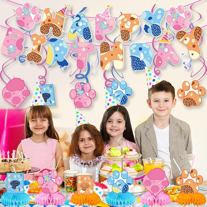 Blue and Pink Dog Birthday Party Supplies, Cute Dog Party Decorations -Banner -6 swirl-6 Honeycomb Centerpieces