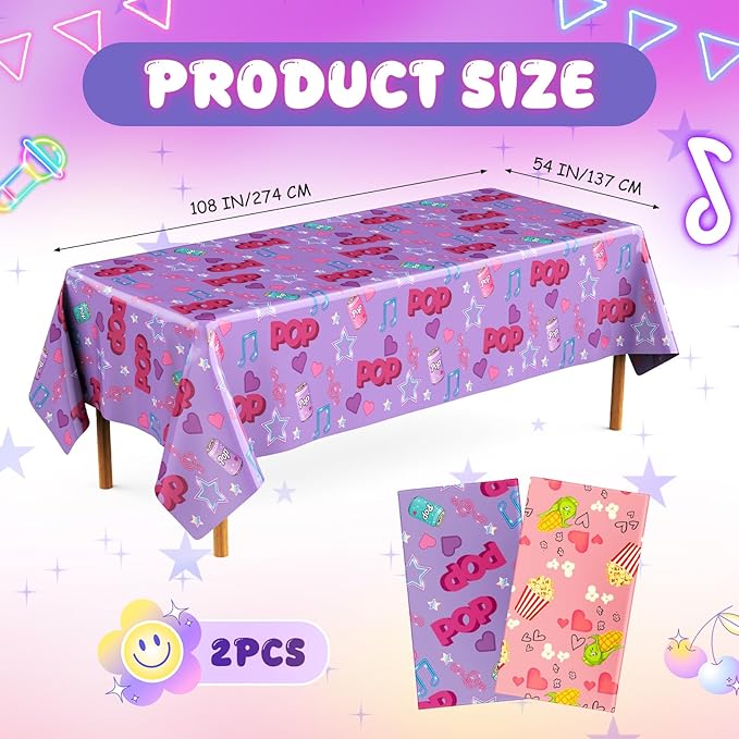 2 Pcs Birthday Party Decorations Plastic Cute Birthday Tablecloth 108 x 54 Inches Disposable Rectangle Tablecover for Boys Girls Kids Baby Shower Party Supplies (Popcorn Pop)