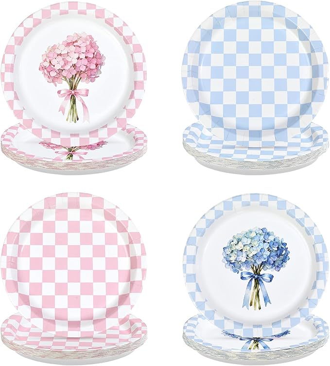 60Pcs Hydrangea Plaid Paper Plates 9" Heavy Duty Disposable Blue Pink Floral Dessert Plates Flower Checkered Party Decorations for Spring Baby Shower Wedding Bridal Shower Birthday Party Supplies