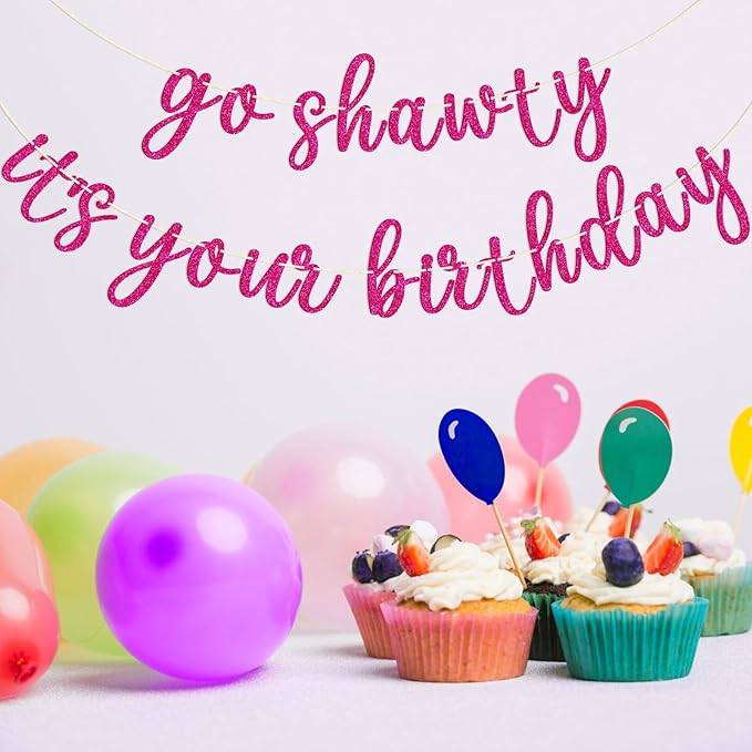 Go Shawty It's Your Birthday Banner, Hip Hop Birthday Party Decorations Supplies, Rap Theme Bday Bunting Sign, Pre-strung, Photo Props (Pink)