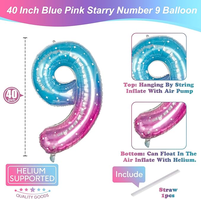 Mermaid Starry Number 9 Balloons, 40 Inch Large Purple Blue Pink Foil Number Balloons Set 0-9 for Girls, Globos de Numero 9 Helium Balloon for 9th Age Birthday Anniversary Party Decorations Supplies