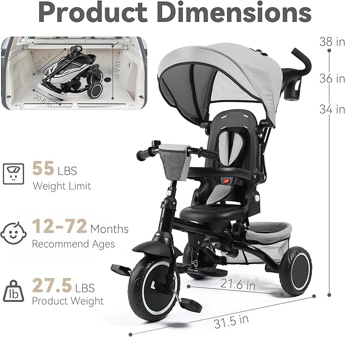 8 in 1 Kids Tricycle, Folding Toddler Tricycle w/Reversible Seat, Adjustable Push Rod & Canopy, Baby Trike Toddler Bike w/Bell, 5-Point Harness, Extra Storage, Cup Holder, Gray