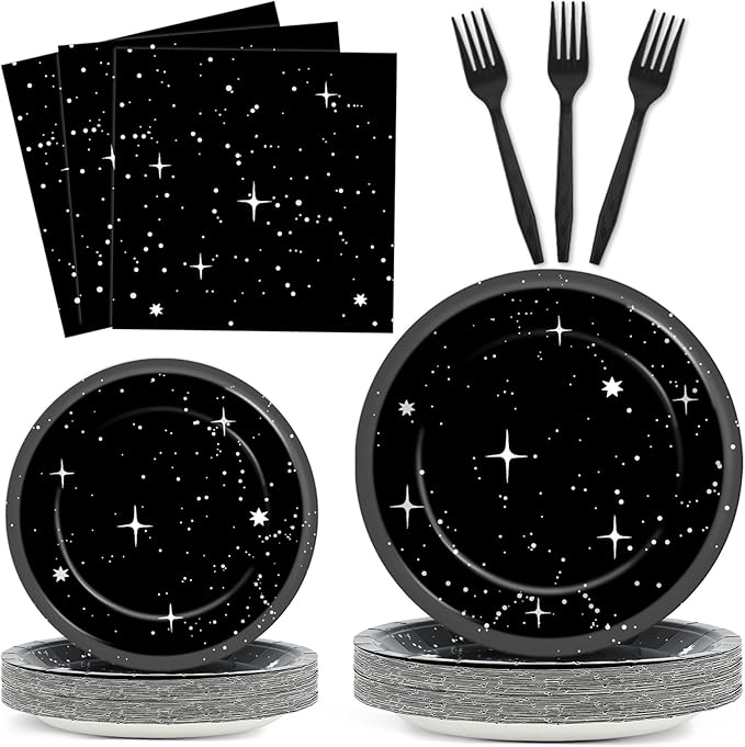 Qyeahkj 100Pcs Stars Birthday Party Decorations Galaxy Plates and Napkins Space Theme Paper Plate Supplies for Outer Spaces Disposable Tableware Set Baby Shower Night Sky Decor for 25 Guests