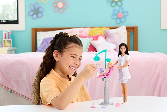 Barbie Careers Dentist Playset with Brunette Doll Wearing White Coat, Toddler Small Doll, Examination Chair & Accessories