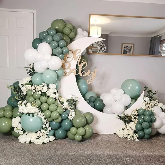 Dusty Sage Green Blue Balloons, Muted Slate Blue Green Gold Balloon, 12 Inch Olive Green Cream White and Gold Balloon for Woodland One Silly Goose Lucky Birthday Decor Baby Bridal Shower Decorations