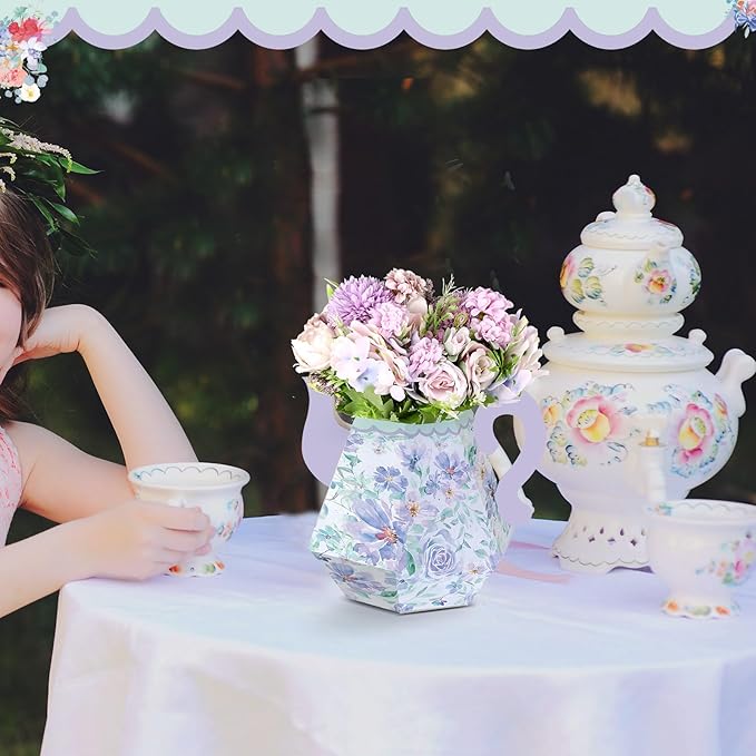 Fulmoon 6 Pcs Tea Party Decorations 6.7'' Flower Box Table Paper Teapot Princess Centerpiece Vase Table Decor Wonderland Fancy Party Decor for Floral Tea Birthday Baby Shower Wedding (Elegant)