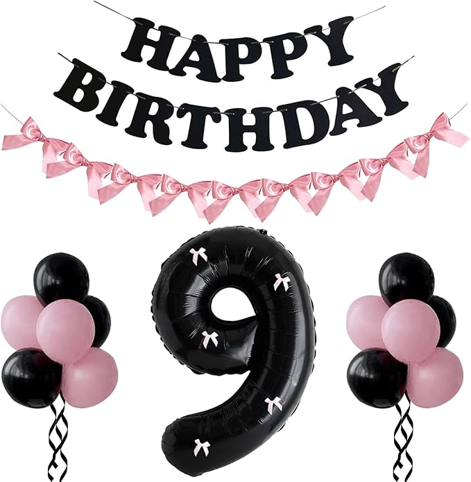 PLAP Birthday Number Balloon Bow Black Party Supplies 32 "Birthday Number Decoration (Pink black number set 9)