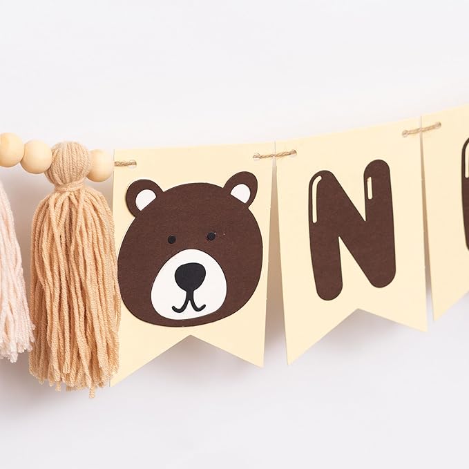 Gostman Bear One High Chair Banner - Beary First Birthday Party Decorations Banner,Happy Camper Party Highchair Banner for 1st Birthday,Camping Themed Party Decor (Bear Tassel Banner)