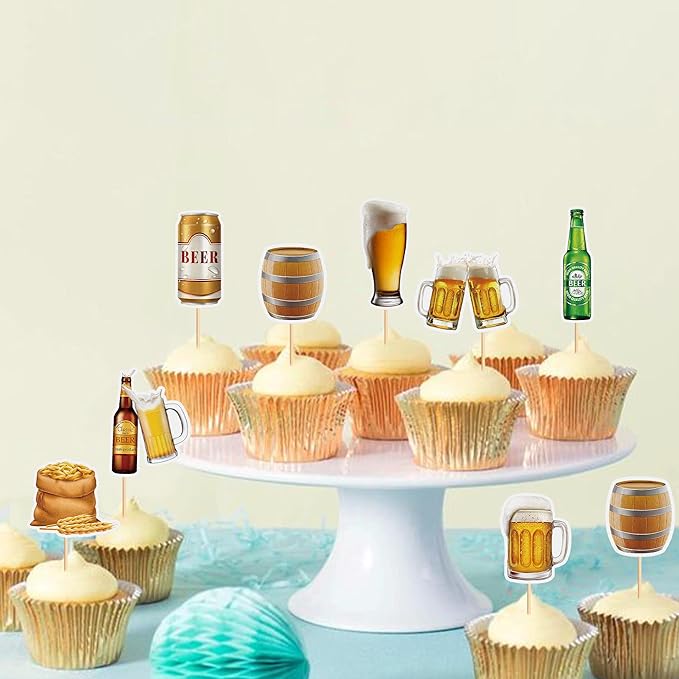 Ercadio 32 PCS Beer Party Cupcake Toppers Cheers and Beers Happy Birthday Decor for Beer Kegs Cake Topper Favor for Summer Family Party Decor Supplies