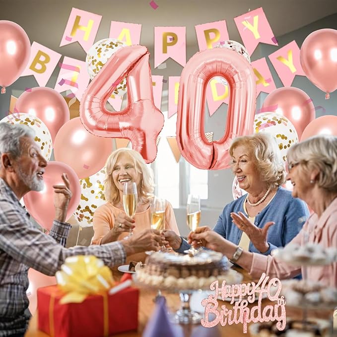 40th Rose Gold Birthday Decorations For Women, Number 40 Balloons Metallic Pearl Gold Rose Confetti Balloons Happy Birthday Banner Fringe Curtain Cake Topper For 40th Party Supplies