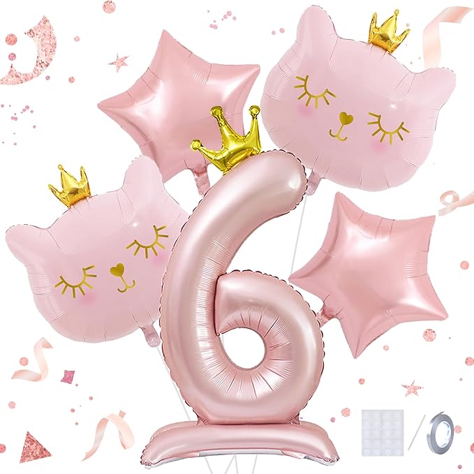 Pink Cat Balloon Set, Crown Cat Foil Balloon, 6 Year Old Girl Birthday Party Decoration, Cat Theme Party Decoration, Theme Party Supplies for Girls Kitten Pet Cat (6)