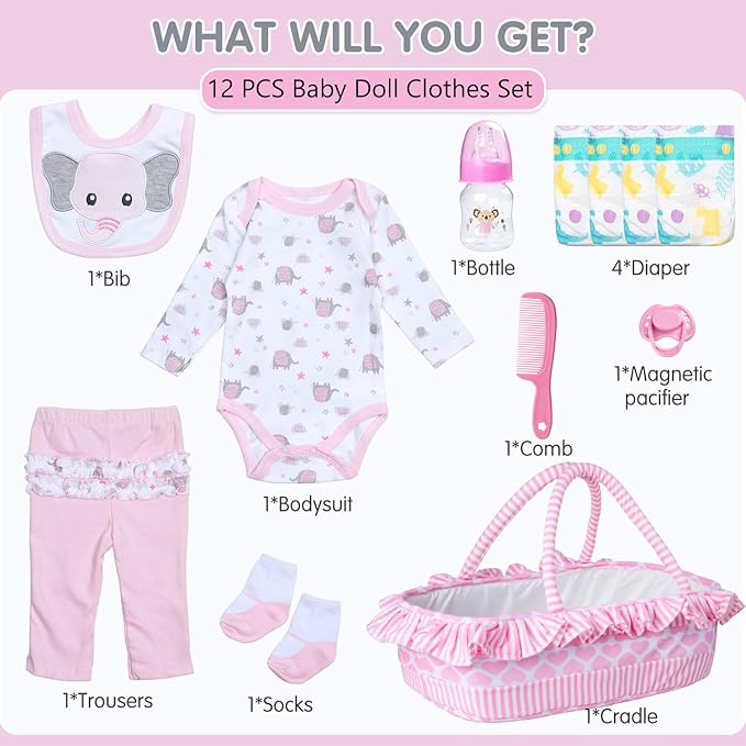 Reborn Baby Doll Clothes 18-22 Inch Pink Elephant Newborn Reborn Baby Clothes with Bassinet 20 inch Doll Accessories 12 Pcs Outfits