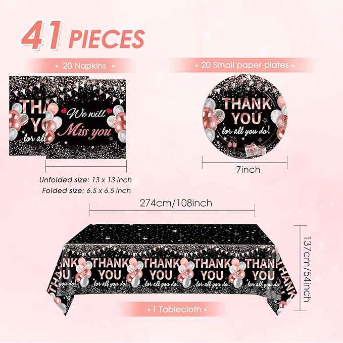 41Pcs Black Rose Gold Thank You Decorations Thank You for All You Do Tableware Disposable Paper Plates Napkins Tablecloth丨Teacher Employee Staff Doctors Nurse Pastor Appreciation Week Party Decor
