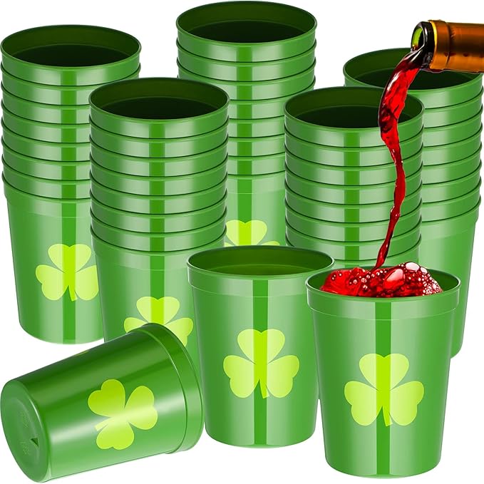 Patelai 32 Pcs St Patricks Day Party Plastic Cups Bulk 16 oz Reusable Lucky Shamrock Cups for St Patricks Day Party Adults Drink Snacks Irish Festival Favors Supplies(Green)