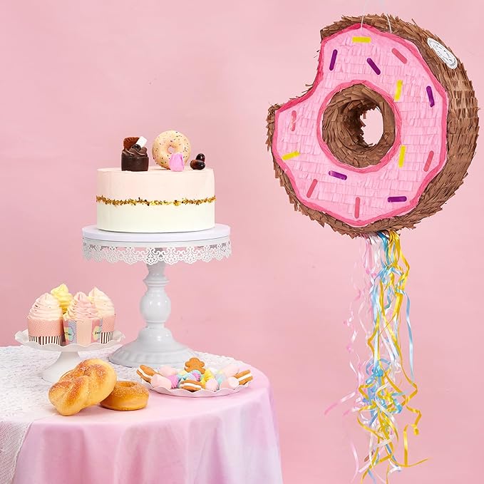 WERNNSAI Donut Piñata - Pink Donut Piñata with String Birthday Party Decorations Piñata with Stick Blindfold for Girls Kids Dount Pull String Piñata Family Games Birthday Party Supplies