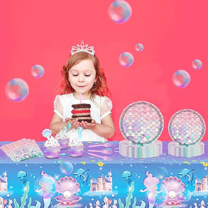 96 Pcs Mermaid Birthday Party Decorations Plates Set for 24 Guests,Little Mermaid Party Supplies Ocean under the Sea Tableware Plate, Fork, Napkins for Princess Girls Baby Shower