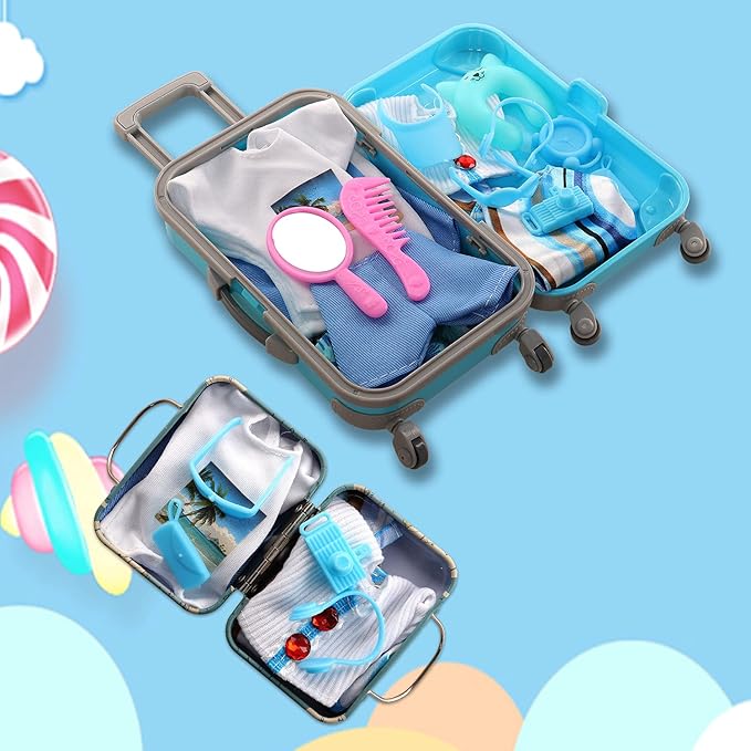 Miunana 28PCS Travel Clothes and Accessories Blue Trunk Suitcase 2 Girl Doll Clothes 1 Boy Suits 8 Life Accessories 12 Wash Telescope Sunglasses （Not Include Doll）