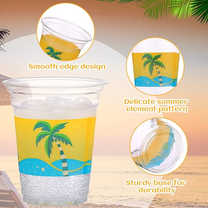 Rtteri 100 Pcs 12oz Luau Cups Plastic Hawaiian Coconut Tree Drinking Cups Bulk Disposable Palm Tree Tiki Drinkware for Summer Beach Party Supplies Luau Hawaiian Decorations(Waves)