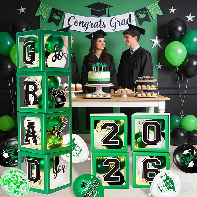 Graduation Decorations Class of 2026 - Green Graduation Decorations - Balloons Boxes with Letters 2026 GRAD So Proud of You, Congrats Grad Party Decorations for Any Grades