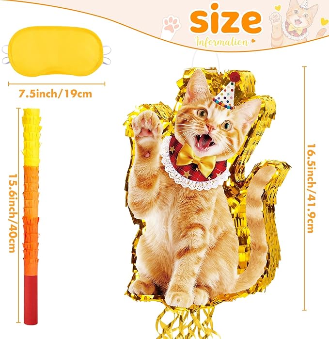 WERNNSAI Cat Piñata - Orange Cat Birthday Decorations Pull String Piñata Bundle with Blindfold and Bat Cute Animal Party Game for Kids Girls Kitten Party Supplies