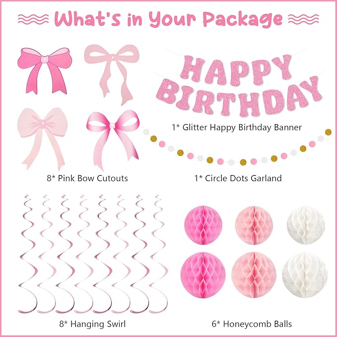 Amandir Pink Birthday Decorations for Girls Women, Glitter Happy Birthday Banner with Honeycomb Balls, Bow Hanging Swirls Streamers, Circle Dots Garland, Coquette Party Decorations