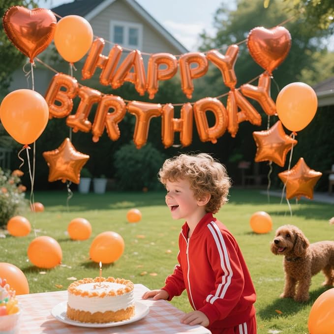 27 Pcs Orange Birthday Decorations, 3D Letters Orange Happy Birthday Balloon Banner, Pentagram Heart Foil Balloons Confetti Balloons Kit For Boys Girls Party Supplies
