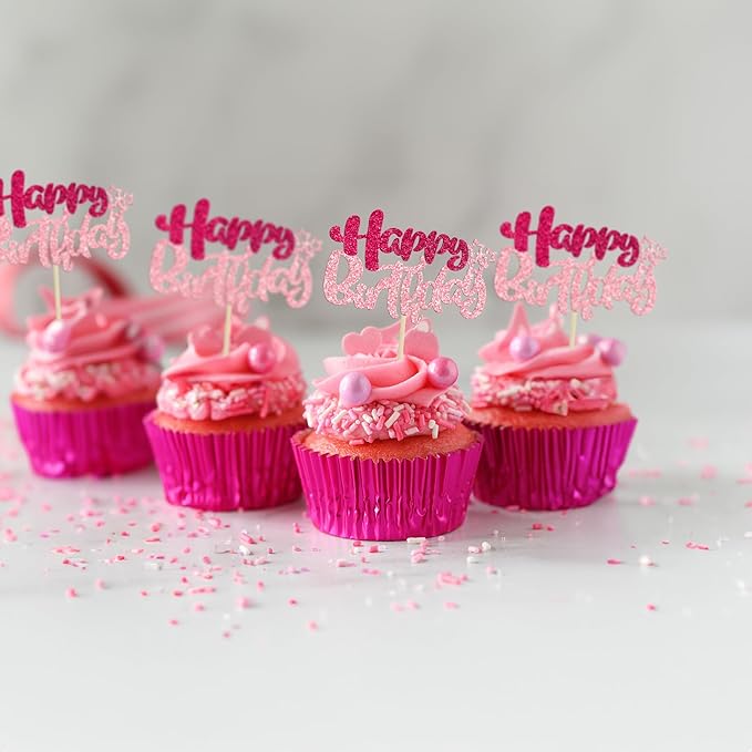 Ephlyn 24Pcs Happy Birthday Cupcake Toppers Double Layer Glitter Happy Birthday Cake Decorations for Celebrating Baby Shower Theme Kids Boys Girls Birthday Anniversary Party Supplies Rose Red Pink