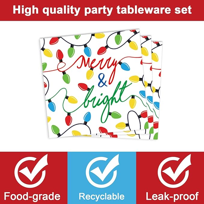 96PCS Merry Christmas Party Tableware Set Christmas Lights Party Supplies Merry and Bright Disposable Dinnerware Plates Napkins Forks with Holiday String Lights for Christmas Birthday Party Favors
