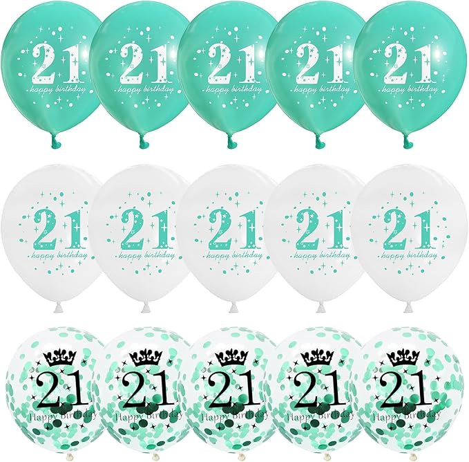 21st Birthday Balloons & Decorations - Teal, White & Turquoise Latex Balloons for Boys & Girls, Confetti, Party Supplies